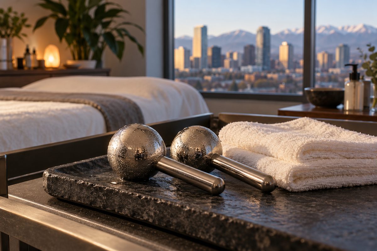 Chilled stainless steel cryo globes used for rapid vasoconstriction and skin soothing