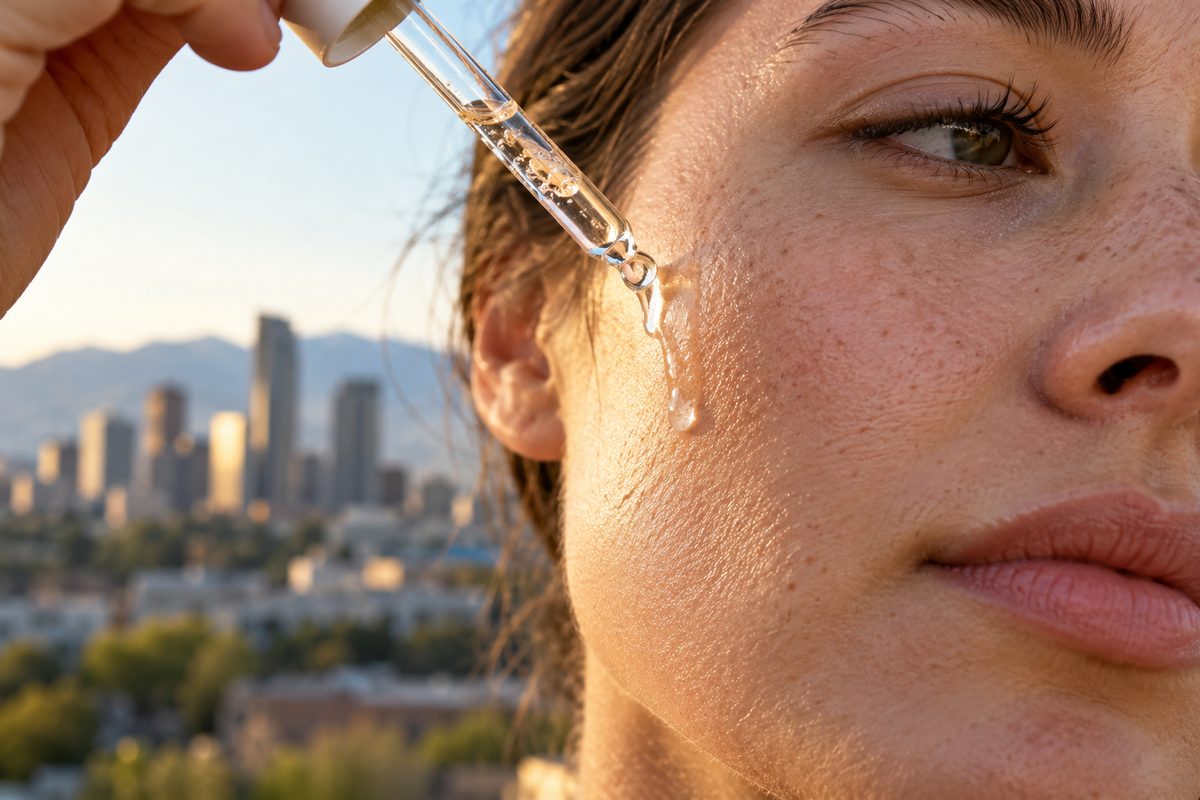 Pipette dispensing concentrated hyaluronic acid serum for deep epidermal hydration