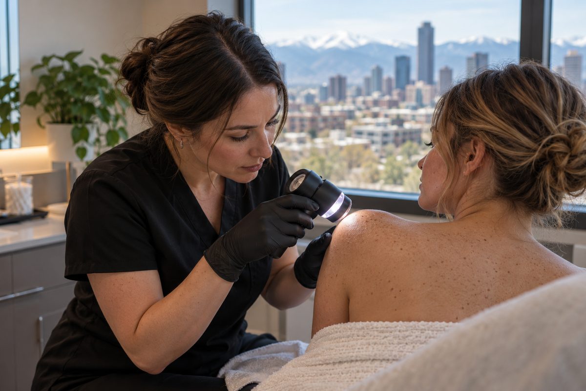 Aesthetic practitioner conducting a detailed dermascope skin analysis during client consultation
