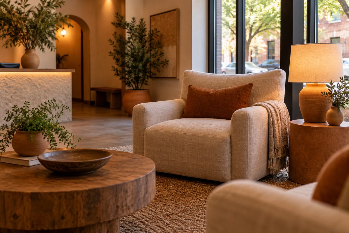 Warm linen reception lounge and client intake seating at Velviques aesthetic clinic
