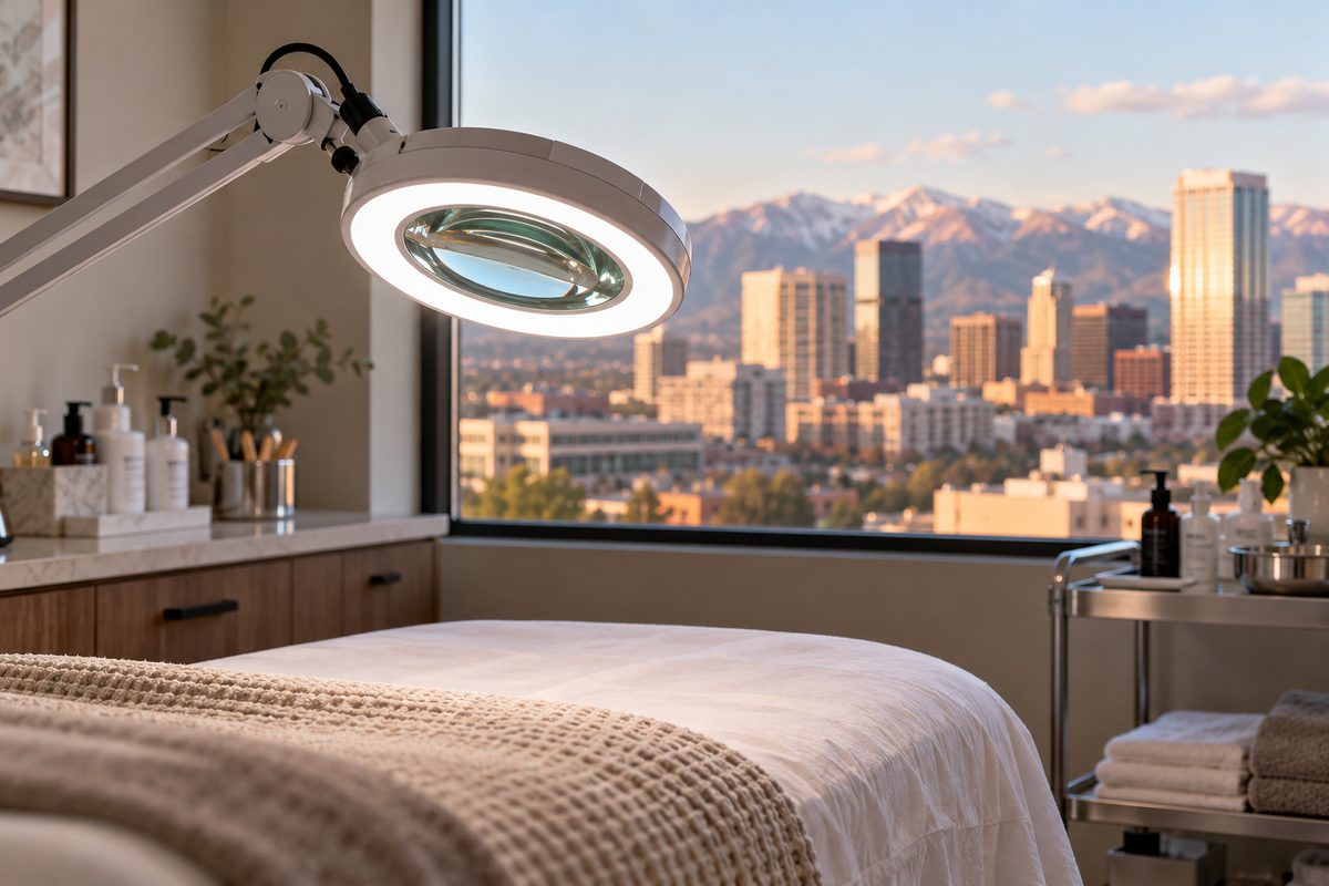 Clinical dermatological examination lamp with magnifying lens for skin inspection