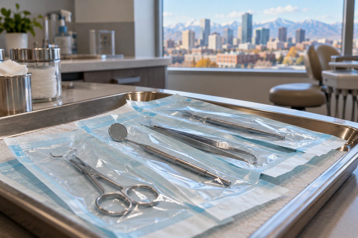 Sterilized clinical instruments sealed in medical grade autoclave indicator pouches