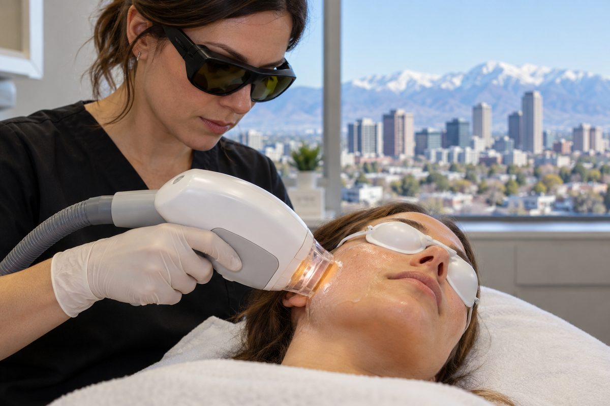 BroadBand Light therapy device with cooled crystal head positioned for skin photo-care