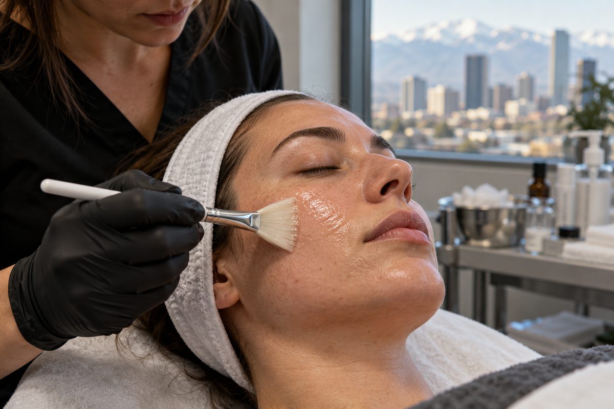 Fan brush applying a measured chemical resurfacing solution across client's cheek