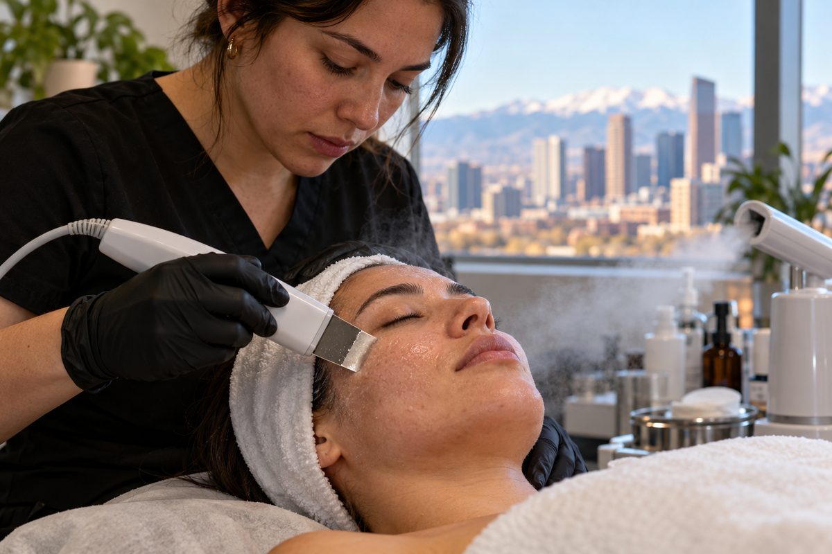 Ultrasonic skin spatula clearing pores during clinical facial extraction care
