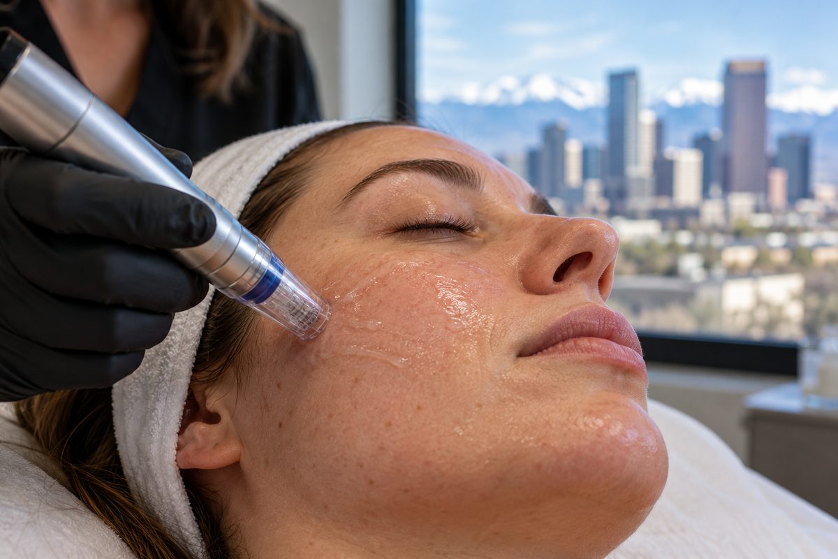 Automated microneedling pen performing gentle micro-channeling on facial skin